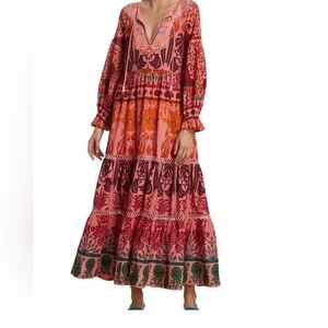 FARM Rio Red-Pink Orange Floral Tiered Maxi Dress